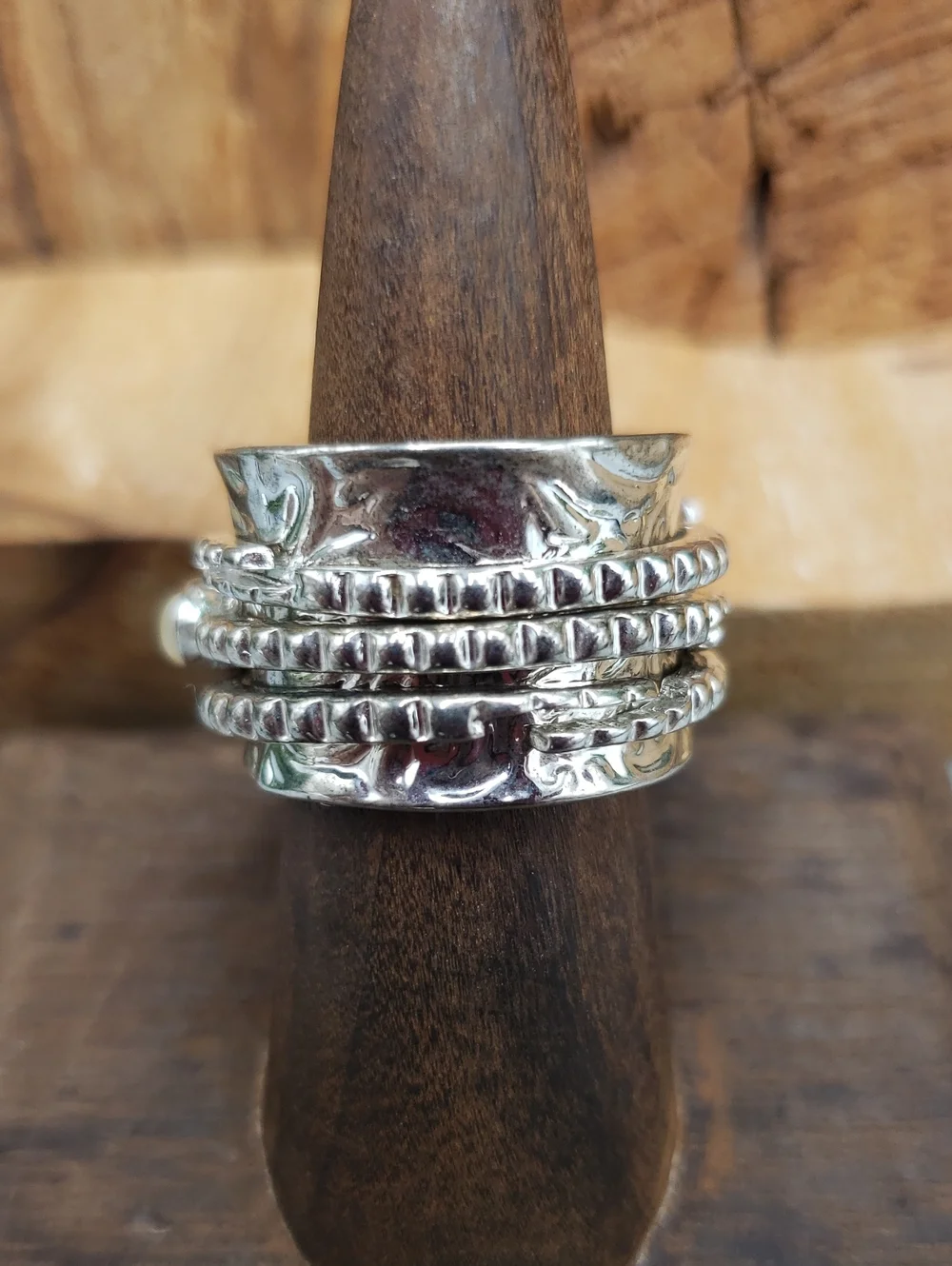 Silver Spinner Ring - 3 Multi-Stack Ring w/ Pink Purple Cream Stones - Hammered